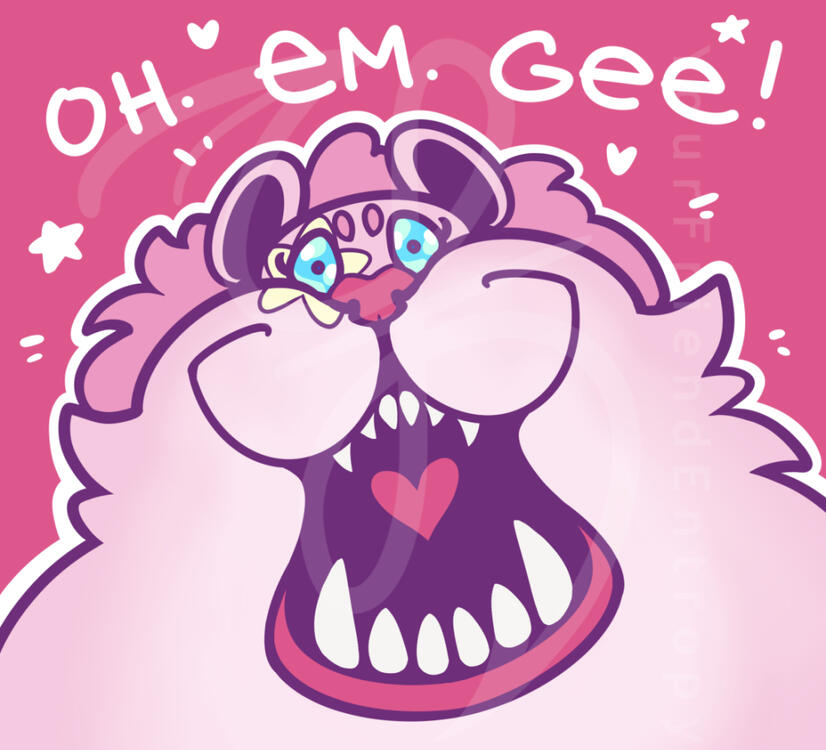 A digital drawing of a stylized pink lion with the text "Oh! Em! Gee!"