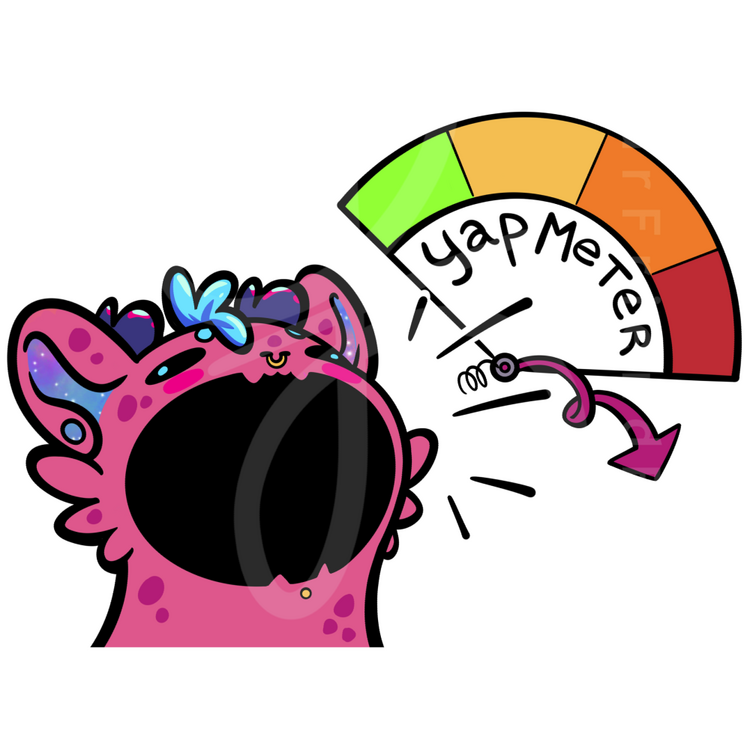 A digital illustration of a stylized pink dragon with its mouth open wide and a "Yap Meter" next to it that appears broken.