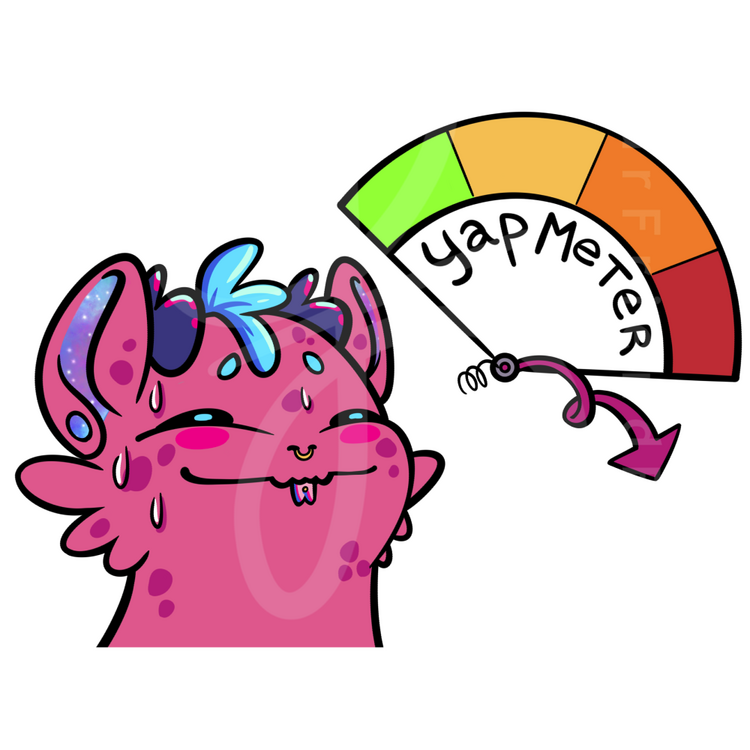 A digital illustration of a stylized pink dragon with its mouth closed, looking bashful, and a "Yap Meter" next to it that appears broken.