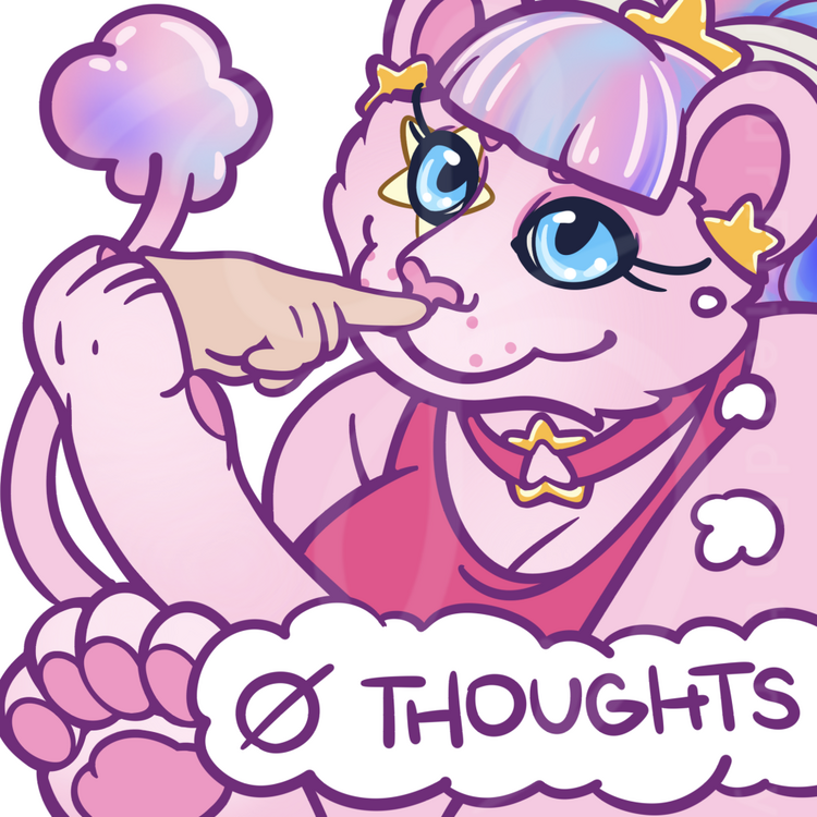 A digital drawing of an anthro pink lion holding a fake hand to their muzzle with their paw with the text "0 Thoughts" in a thought bubble.