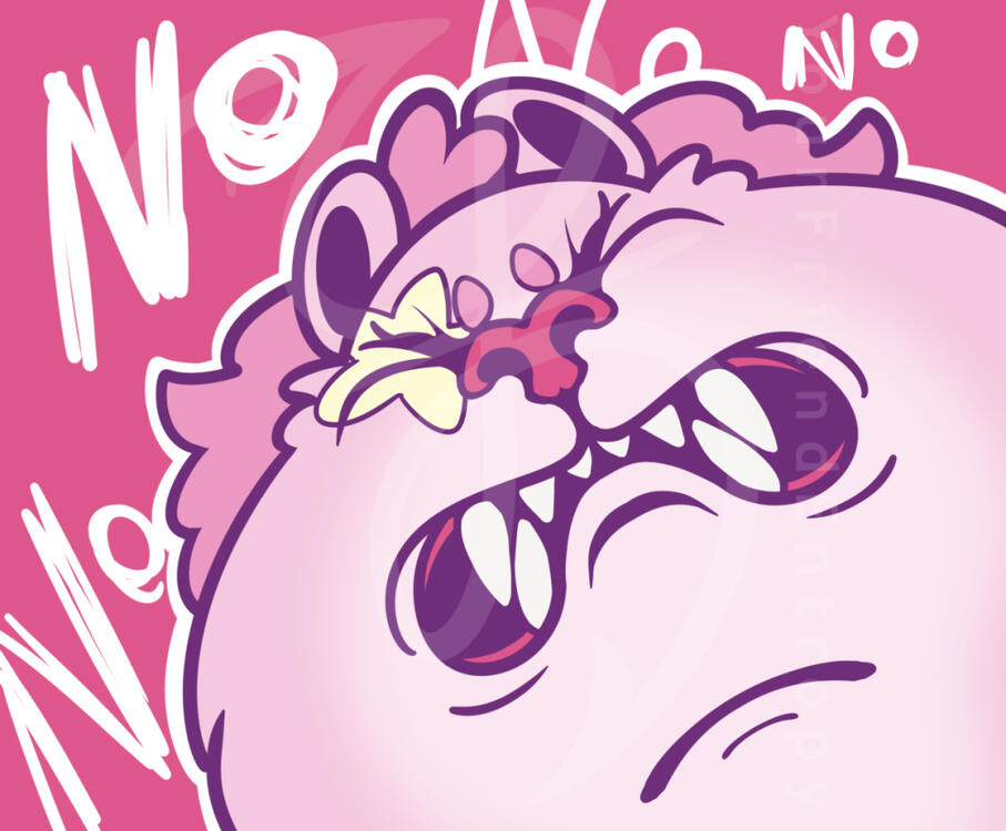 A digital drawing of a stylized pink lion with the text "No No No No"