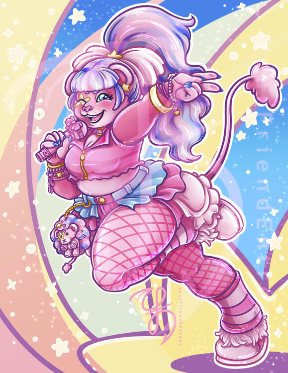 A digital illustration of a pink anthro lion in colorful pastel clothing with many cute accessories. They are holding a microphone with one hand and making a peace sign with their other hand.