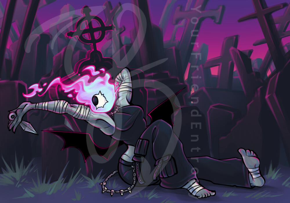 A digital drawing of a femme Homunculus character seated and stretching in a graveyard, she is dressed in casual goth attire and has throwing knives between her fingers.