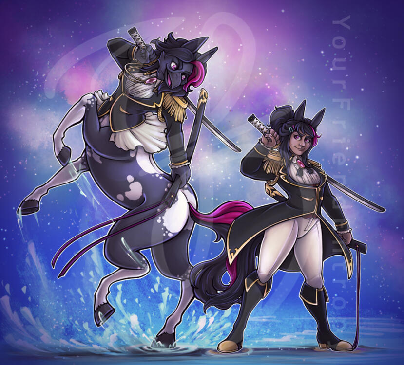 A digital illustration of two versions of Crowtaur - Crowtaur and a gijinka form. They are both stanced and brandishing swords.