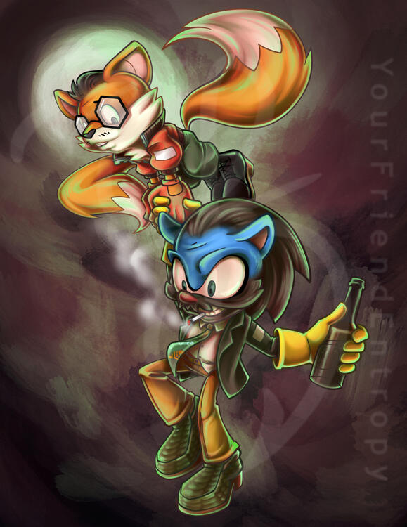 A digital illustration of Tails and Sonic of Sonic the Hedgehog fame, but they have the features and attire of Kim Kitsuragi and Harry du Bois from Disco Elysium. Tails/Kim is holding Sonic/Harry as he's flying off. Sonic/Harry has a cigarette in his mouth