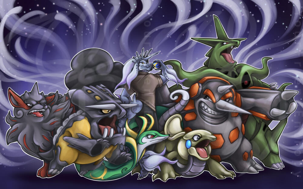 A digital illustration of an anthro Wind Serpent Ibushi character surrounded by a team of Pokemon that features a Hisuian Arcanine, Bastiodon, Serperior, Shiny Cyclizar, Rhyperior, and Mega Tyranitar.