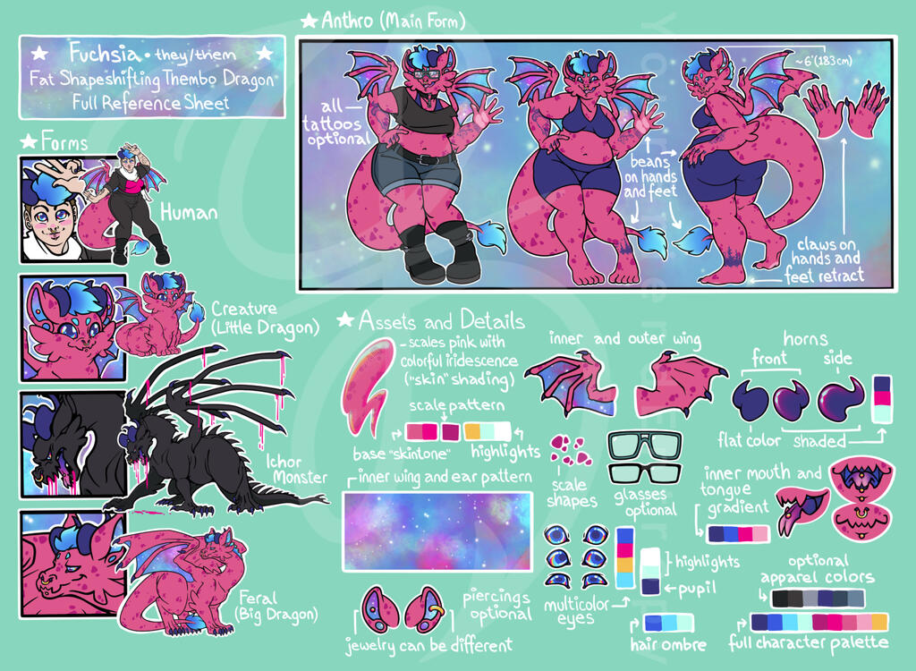 A digital reference sheet of pink anthro dragon and its different forms and accessories.