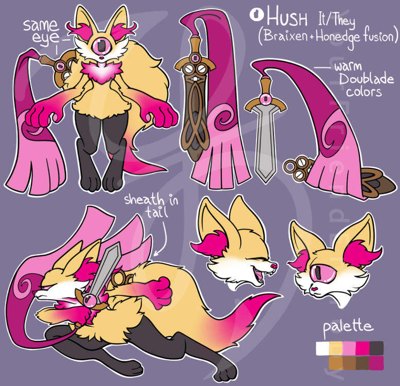 A digital reference sheet of a Braixen and Doublade fusion with several poses, faces, and references of the Doublade sword.