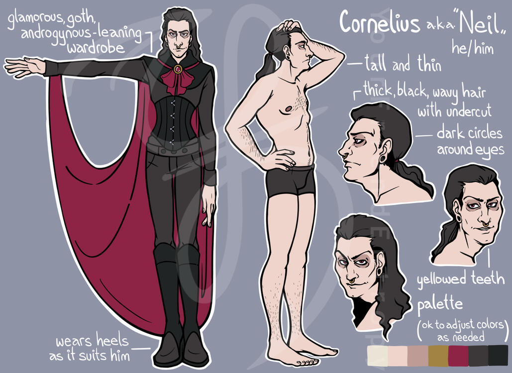 A digital reference sheet for a slender gothic man with two poses and three faces.