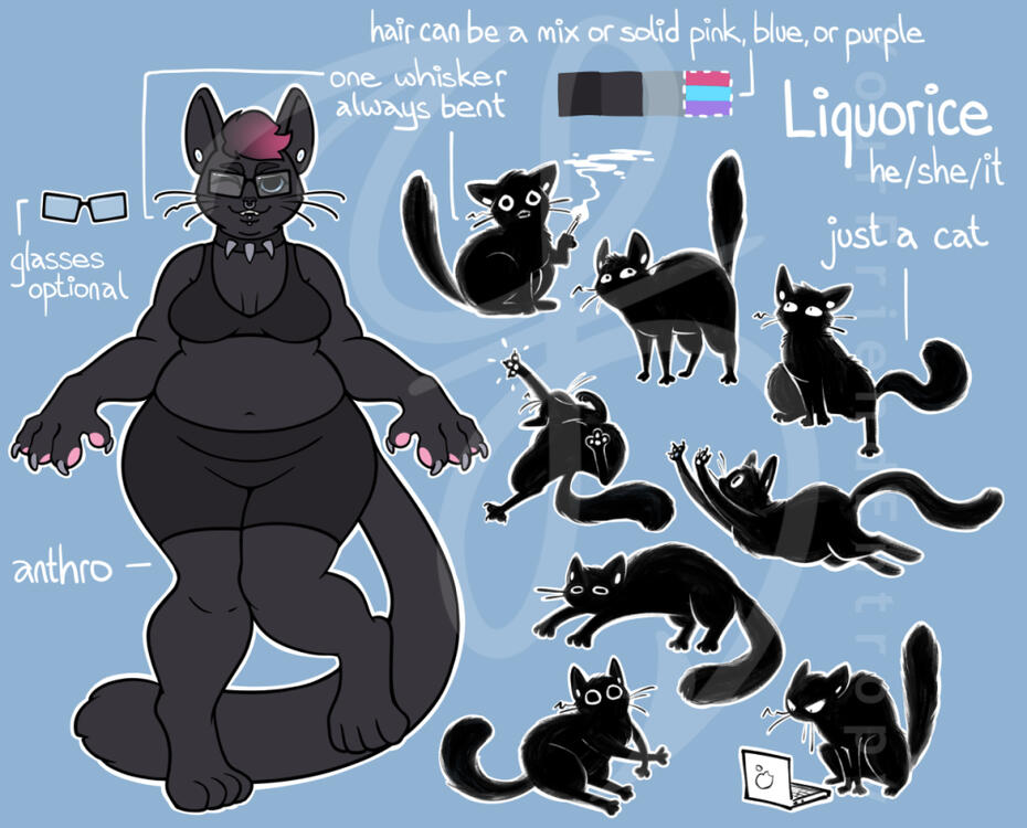A digital reference sheet of an anthro black cat character and its cat form next to it.